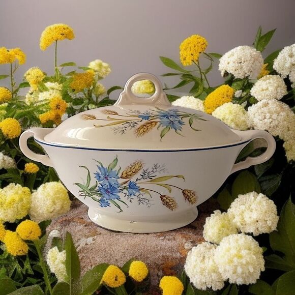 Candle Light American Limoges Covered Vegetable Dish Bowl Golden Wheat Vintage - Picture 12 of 16